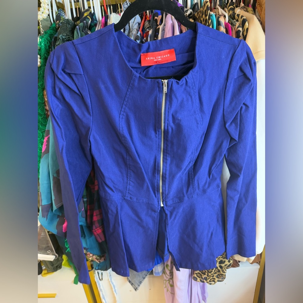 AKIRA Red Label Structured Peplum Zip-Up Jacket - Royal Blue (Size Large)